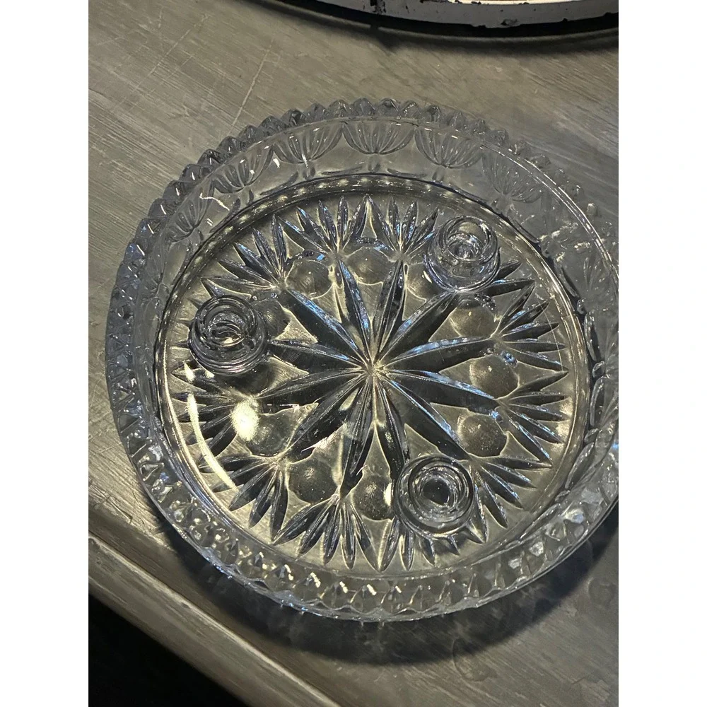 Vintage Clear Cut‎ Glass Round Bowl Sunburst Star 3 Candle Holder Centerpiece